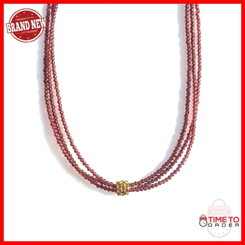 Triple Strand Long Necklace Garnet Beaded Minimal Boho Chic Vintage Inspired